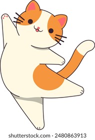 Cute cartoon kitten dancing. Funny and cute cat smiling happily. Flat cartoon style illustration.