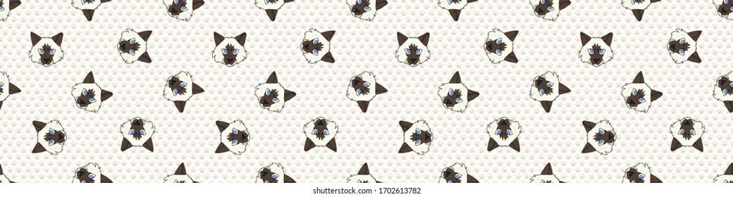 Cute cartoon kitten face seamless border pattern. Pedigree kitty breed background. Fluffy cat lover washi ribbon. Feline EPS 10 trim. 