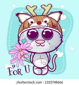 Cute Cartoon Kitten with a flower. Can be used for baby t-shirt print, fashion print design, kids wear, baby shower celebration greeting and invitation card. - Vector