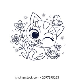 Cute cartoon kitten with flowers and butterfly. Black and white linear drawing. For children's design of coloring books, postcards, stickers, prints, posters. Vector