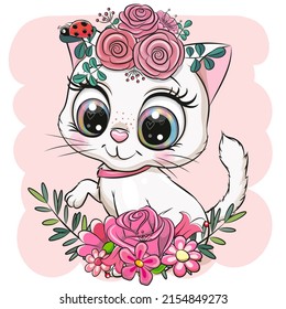 Cute Cartoon Kitten with flowers on a pink background