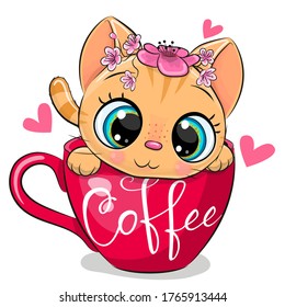 Cute Cartoon kitten with a flowers is sitting in a Cup of coffee