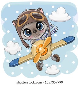 Cute Cartoon Kitten is flying on a plane