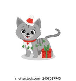 Cute cartoon kitten and gift box Isolated on white. Christmas Illustration for design, banners, children's books and patterns. Funny cat in santa hat. Vector illustration