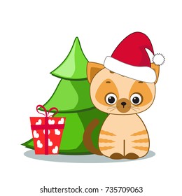 Cute cartoon kitten with gifts. Christmas card. Vector illustration.