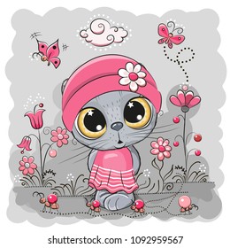 Cute Cartoon Kitten girl on a meadow with flowers and butterflies