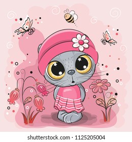 Cute Cartoon Kitten girl on a meadow with flowers and butterflies