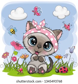 Cute Cartoon Kitten girl on a meadow with flowers and butterflies