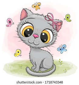 Cute Cartoon Kitten girl on a meadow with butterflies