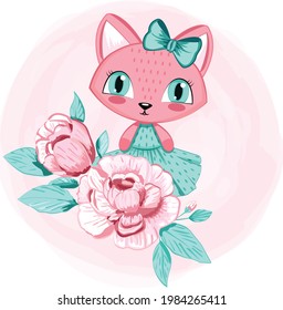 Cute cartoon Kitten girl with pink. Vector. T-shirt graphics, graphics for kids, Book illustrations, textile graphic, graphic designs for kindergarten, cartoon character design