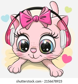 Cute cartoon Kitten girl with pink headphones on a white background