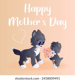 Lindo gatito de dibujos animados da besos a su madre gato. Postal. Concepto del día de la madre. Vector Imagen.