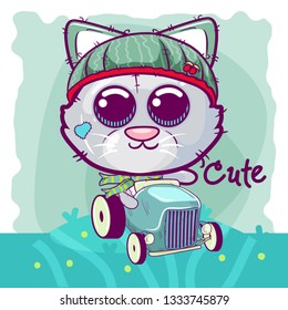 Cute cartoon kitten for Greeting card.Can be used for baby t-shirt print, fashion print design, kids wear, baby shower celebration greeting and invitation card. - Vector