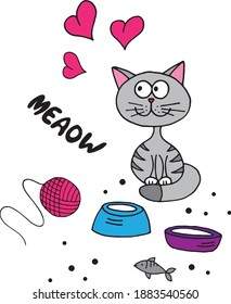 Cute cartoon kitten, hank and hearts vector illustration.