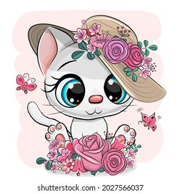 Cute Cartoon Kitten with hat with flowers on a white background