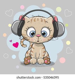 Cute cartoon Kitten with headphones on a gray background