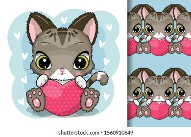 Cute Cartoon kitten with heart isolated on a white background