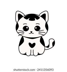 Cute cartoon kitten with a heart spot on his chest, vector illustration, design element isolated on white background.