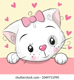 Cute Cartoon Kitten with hearts on a yellow background