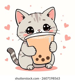 Cute Cartoon Kitten Holding Bubble Tea, Pink Hearts Decor