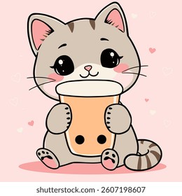 Cute Cartoon Kitten Holding Bubble Tea, Pink Background, Hearts