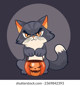 Cute cartoon kitten holding pumpkin bucket, trick or treat.