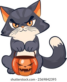 Cute cartoon kitten holding pumpkin bucket, trick or treat.
