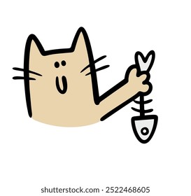 Cute cartoon kitten holds a fish skeleton in his hand. A vector illustration of a cat has eaten and shows leftovers. A pet or wild animal at lunch.