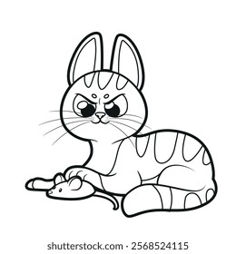 Cute cartoon kitten hunts a toy mouse outlined for coloring page on a white background