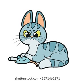 Cute cartoon kitten hunts a toy mouse on a white background