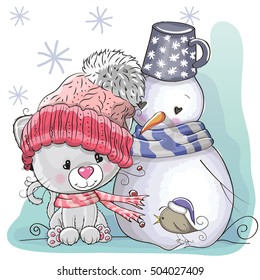 Cute Cartoon Kitten in a knitted cap and snowman