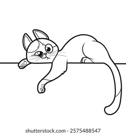 Cute cartoon kitten lies on a big white banner outlined for coloring page on white background