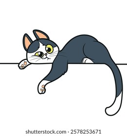 Cute cartoon kitten lies on a big white banner on white background