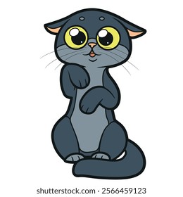 Cute cartoon kitten looks at the interlocutor on white background