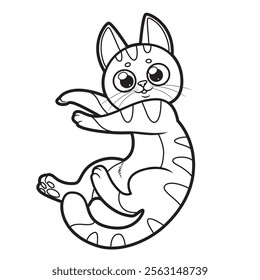 Cute cartoon kitten lying stretched out to his full height outlined for coloring page on white background. Image produced without the use of any form of AI software at any stage.
