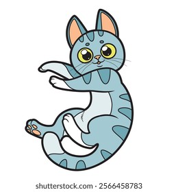 Cute cartoon kitten lying stretched out to his full height on white background. Image produced without the use of any form of AI software at any stage.
