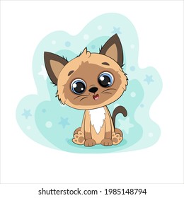 Cute cartoon kitten on a blue background