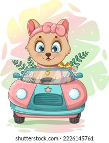 Cute cartoon kitten on a car with flowers and a gift