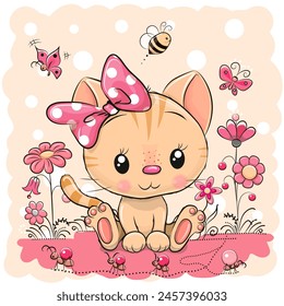 Cute Cartoon Kitten on a meadow with flowers and butterflies