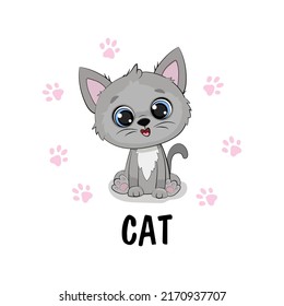 Cute cartoon kitten on a white background. Gray cat.Vector illustration  for postcard, banner, web, design, arts