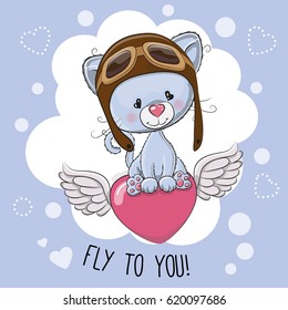 Cute cartoon kitten in a pilot hat is flying on the heart