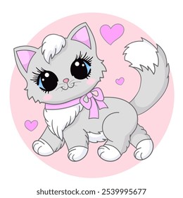 Gatinho de desenho animado bonito com arco rosa e corações. Composição em círculo. Para design infantil de impressões, cartazes, cartões, adesivos, quebra-cabeças, etc. Ilustração vetorial.