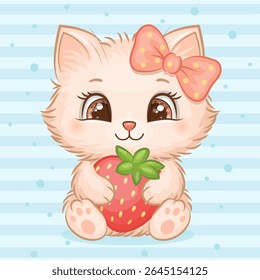 Gatinho de Desenho Animado Bonito com Arco de Cabelo Rosa e Morango. Ilustração vetorial de Kawaii de um gato sobre um plano de fundo azul descascado.