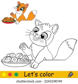 Cute cartoon kitten with a plate of cookies. Coloring book page with color template for children. Vector cartoon illustration isolated on white background. For coloring book, education, print, game.