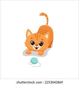 cute cartoon kitten playing with a ball of thread.Ginger cat isolated on white background.Vector illustration