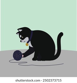 cute cartoon kitten playing with a ball of thread.Ginger cat isolated on two colour background.Vector illustration