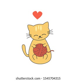 cute cartoon kitten playing with a wool ball funny vector illustration