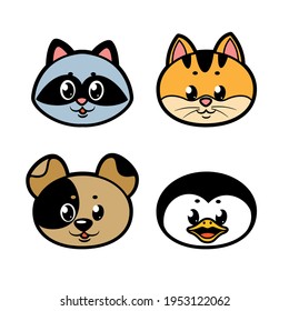 Cute cartoon kitten, puppy, penguin, raccoon color variation for coloring page isolated on white background