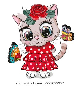 Cute Cartoon Kitten in red dress with flower on a white background