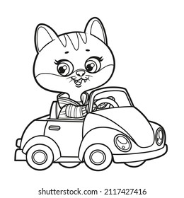 Cute cartoon kitten ride in little car outlined for coloring on a white background